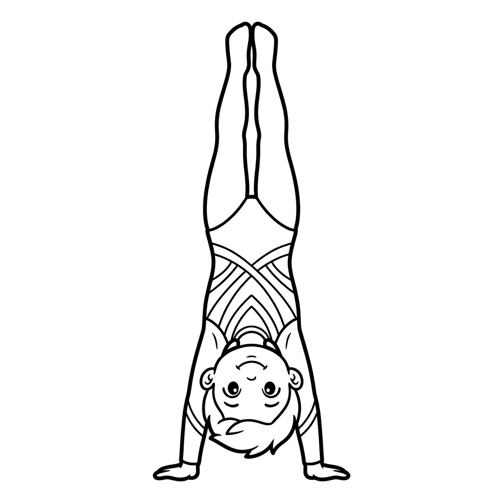 Free printable gymnastics coloring page of a cartoon gymnast doing a handstand with legs pointing up.